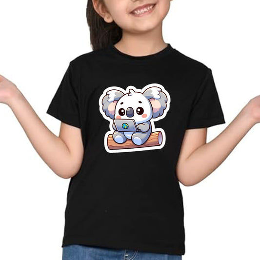 Koala Print Girls' Black Cotton T-Shirt - Round Neck, Short Sleeves