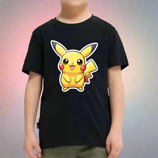 Boys Black Cotton Pikachu T-Shirt - Round Neck, Half Sleeves | Pokémon Kids Tee