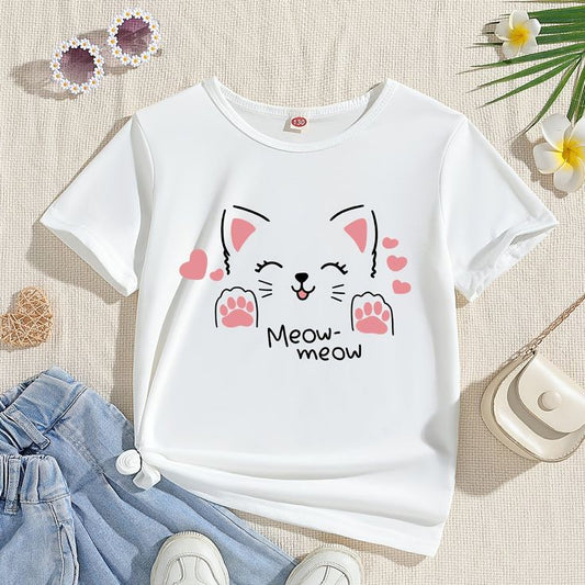 Meow Meow Cats White T-Shirt for Girls – Cute Cat Print, Round Neck, Half Sleeve Cotton Tee for Kids