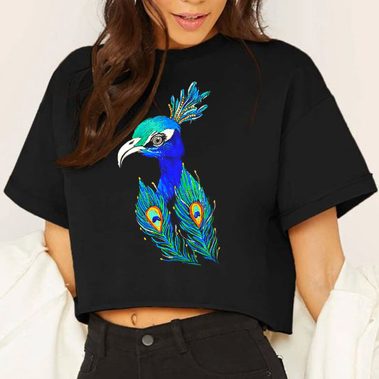 peacock and feathers painted black crop tee for women