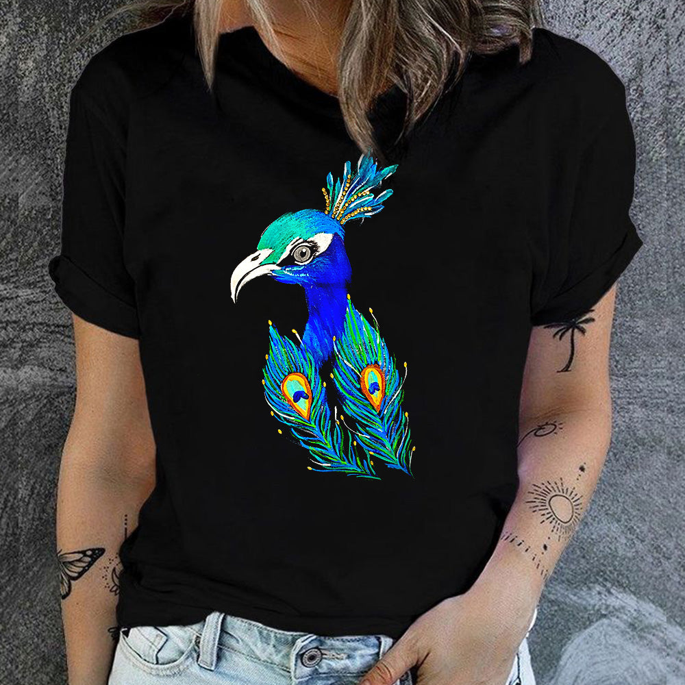 Half sleeves black T-shirt with peacock feathers